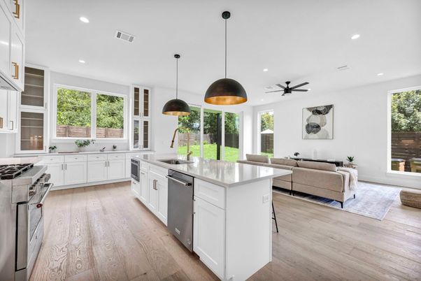Interior, Kitchen, Living room, Pendant Lights, Recessed Lighting, Wood Texture Flooring