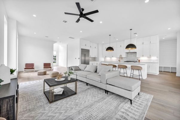 Interior, Kitchen, Living room, Pendant Lights, Recessed Lighting, Stainless Steel Appliances, Wood Texture Flooring