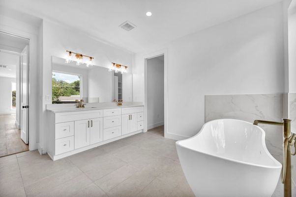 Bathroom, Dual Sink Vanities, Free Standing Baths, Interior, Marble Walls, Recessed Lighting