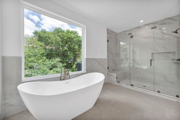 Bathroom, Free Standing Baths, Glass Shower, Interior, Marble Walls, Recessed Lighting
