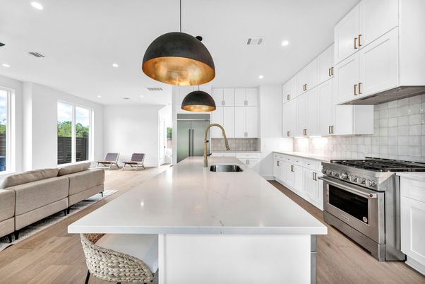 Interior, Kitchen, Living room, Pendant Lights, Recessed Lighting, Stainless Steel Appliances, Wood Texture Flooring