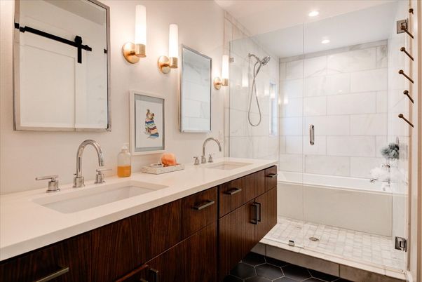 Bathroom, Dual Sink Vanities, Glass Shower, Interior, Marble Walls, Recessed Lighting