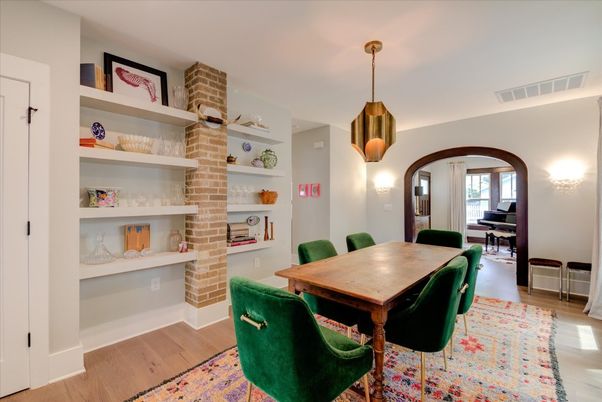 Dining room, Interior, Pendant Lights, Piano, Wood Texture Flooring