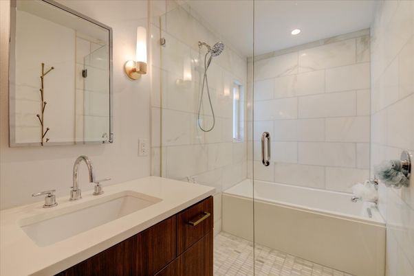 Bathroom, Glass Shower, Interior, Marble Walls, Recessed Lighting