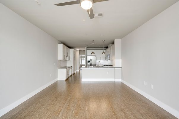 Empty room, Interior, Kitchen, Pendant Lights, Recessed Lighting, Stainless Steel Appliances