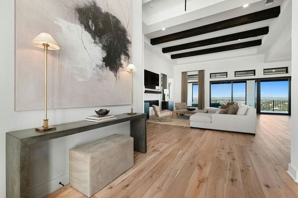 Interior, Living room, Recessed Lighting, Water, Wooden Beams, Wood Texture Flooring