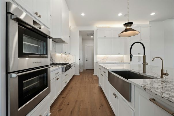 Interior, Kitchen, Pendant Lights, Recessed Lighting, Stainless Steel Appliances, Wood Texture Flooring