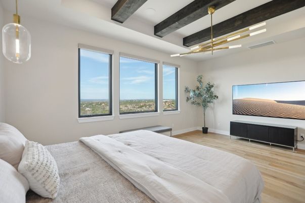 Bedroom, Interior, Pendant Lights, Wooden Beams, Wood Texture Flooring