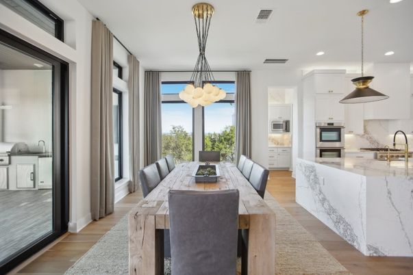 Dining room, Interior, Kitchen, Pendant Lights, Recessed Lighting, Stainless Steel Appliances, Wood Texture Flooring