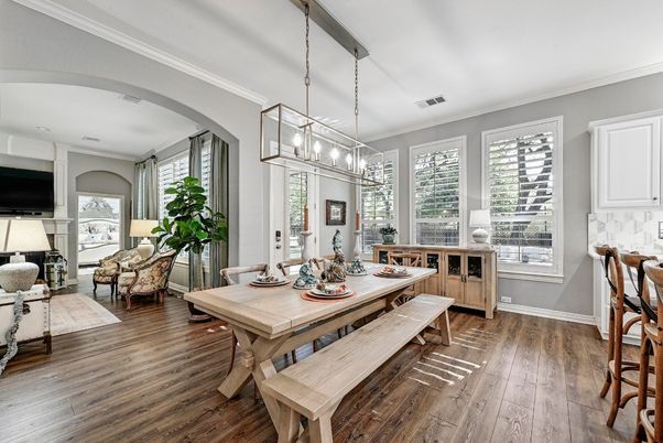 Dining room, Interior, Living room, Pendant Lights, Wood Texture Flooring