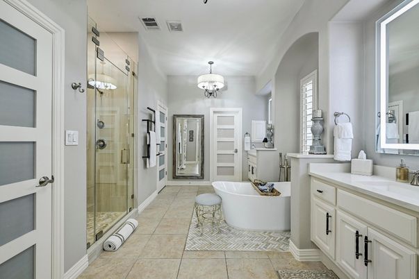 Bathroom, Chandelier, Dual Sink Vanities, Free Standing Baths, Glass Shower, Interior