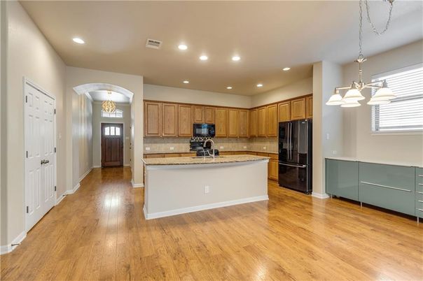 Chandelier, Interior, Kitchen, Pendant Lights, Recessed Lighting, Wood Texture Flooring