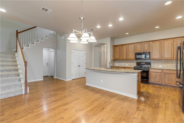 Interior, Kitchen, Pendant Lights, Recessed Lighting, Wood Texture Flooring
