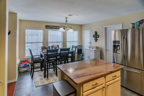 Dining room, Interior, Kitchen, Pendant Lights, Stainless Steel Appliances, Wood Texture Flooring