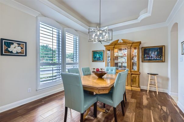 Dining room, Interior, Pendant Lights, Wood Texture Flooring