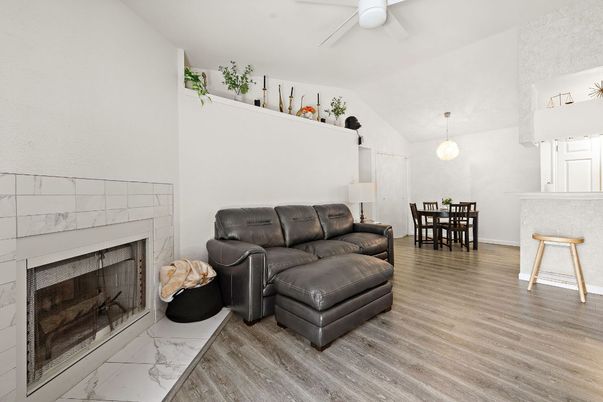 Dining room, Fireplace, Interior, Marble, Pendant Lights, Wood Texture Flooring
