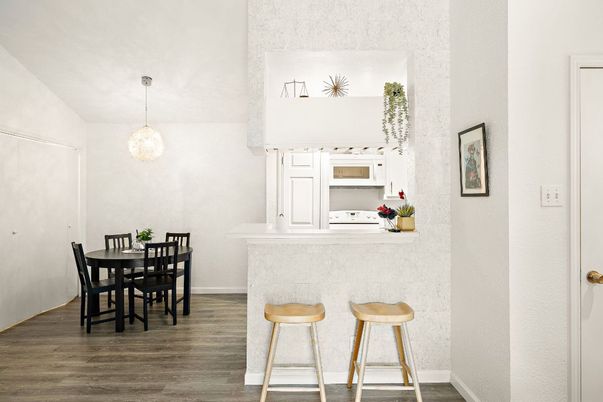 Dining room, Interior, Pendant Lights, Wood Texture Flooring