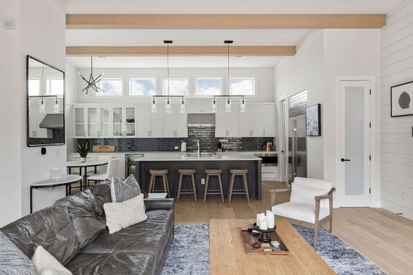 Dining room, Interior, Kitchen, Living room, Pendant Lights, Stainless Steel Appliances, Wooden Beams, Wood Texture Flooring