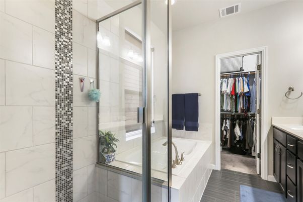 Bathroom, Glass Shower, Interior, Marble Walls, Walk-in Closets, Wood Texture Flooring