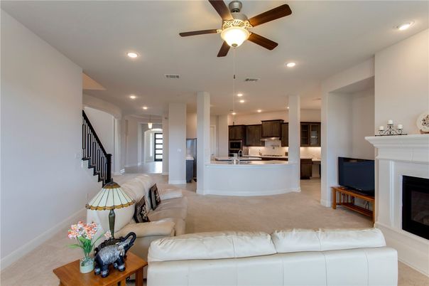 Fireplace, Interior, Kitchen, Living room, Recessed Lighting