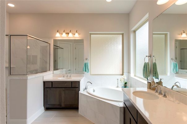 Bathroom, Dual Sink Vanities, Glass Shower, Interior, Recessed Lighting
