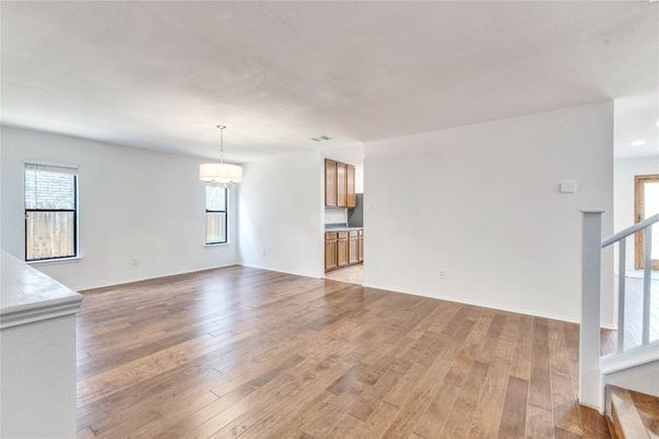 Chandelier, Empty room, Interior, Recessed Lighting, Wood Texture Flooring