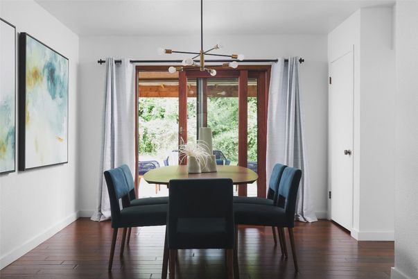 Dining room, Interior, Pendant Lights, Wood Texture Flooring