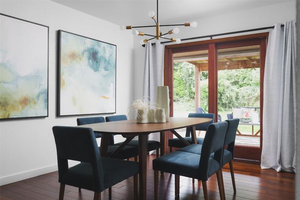 Dining room, Interior, Pendant Lights, Wood Texture Flooring