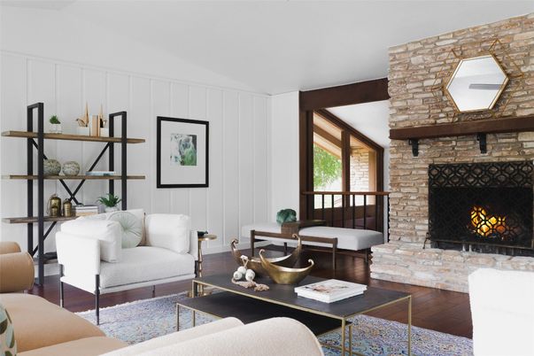 Fireplace, Interior, Living room, Stone Walls, Wood Texture Flooring