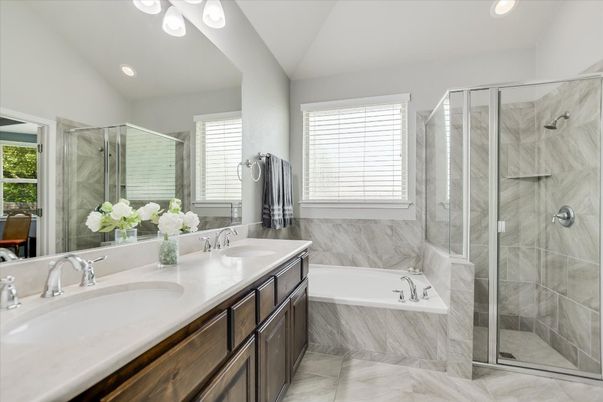 Bathroom, Dual Sink Vanities, Glass Shower, Interior, Recessed Lighting