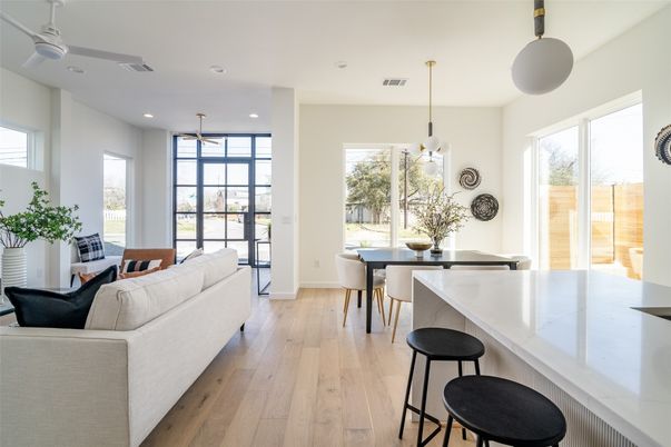 Dining room, Interior, Living room, Pendant Lights, Recessed Lighting, Wood Texture Flooring