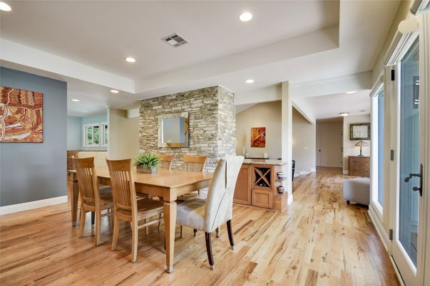 Dining room, Interior, Recessed Lighting, Stone Walls, Wood Texture Flooring