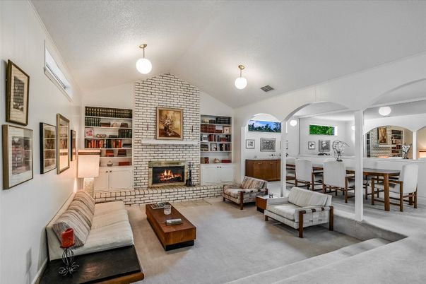 Dining room, Fireplace, Interior, Living room, Stone Walls
