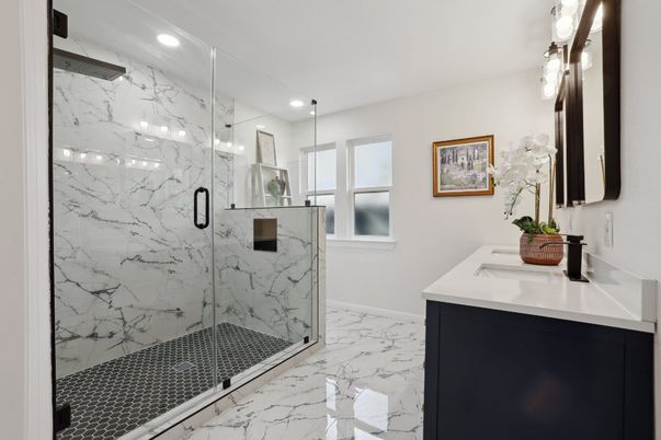Bathroom, Glass Shower, Interior, Marble, Marble Walls, Recessed Lighting