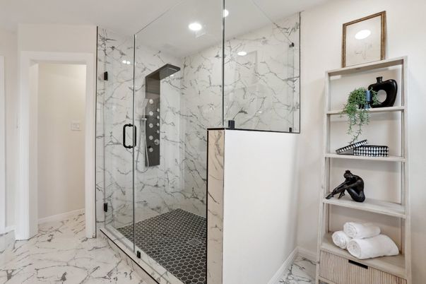 Bathroom, Glass Shower, Interior, Marble, Marble Walls, Recessed Lighting