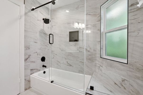 Bathroom, Glass Shower, Interior, Marble Walls, Recessed Lighting