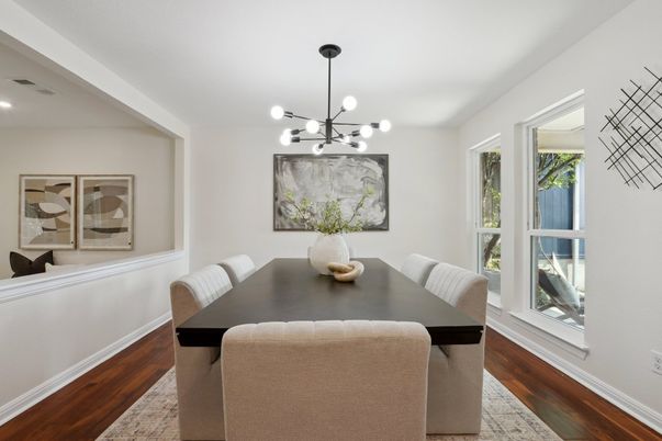 Dining room, Interior, Pendant Lights, Recessed Lighting, Wood Texture Flooring