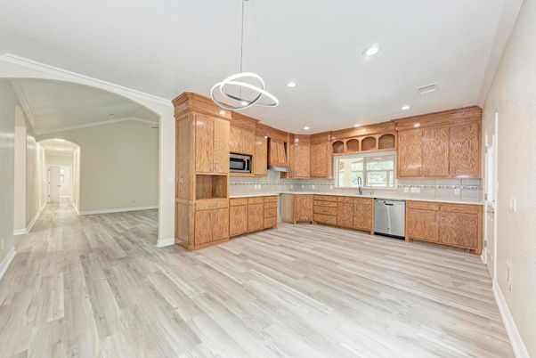 Interior, Kitchen, Pendant Lights, Recessed Lighting, Wood Texture Flooring