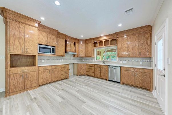Interior, Kitchen, Recessed Lighting, Wood Texture Flooring
