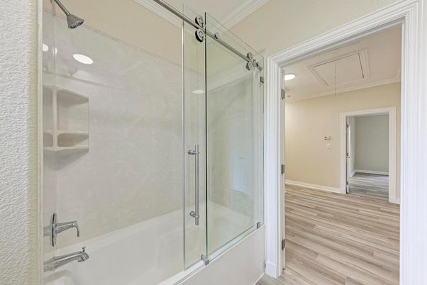 Bathroom, Glass Shower, Interior, Recessed Lighting, Wood Texture Flooring