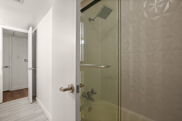 Bathroom, Glass Shower, Interior, Wood Texture Flooring