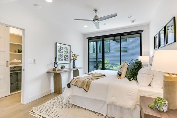 Bedroom, Interior, Recessed Lighting, Wood Texture Flooring