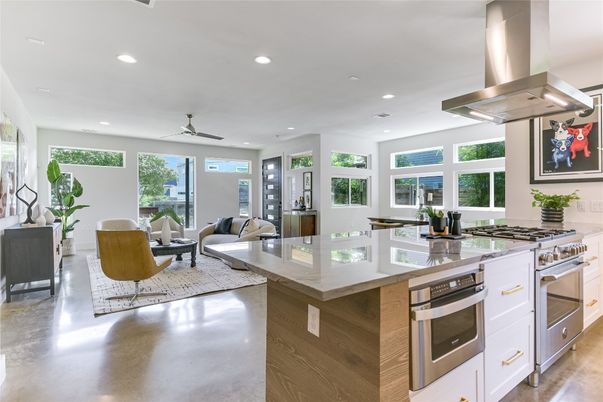 Dining room, Interior, Kitchen, Living room, Recessed Lighting, Stainless Steel Appliances