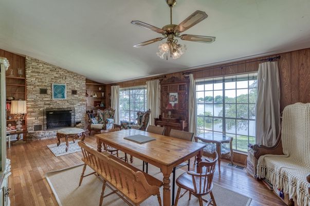 Dining room, Fireplace, Interior, Living room, Stone Walls, Wood Texture Flooring