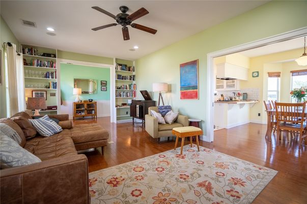 Dining room, Interior, Living room, Recessed Lighting, Wood Texture Flooring