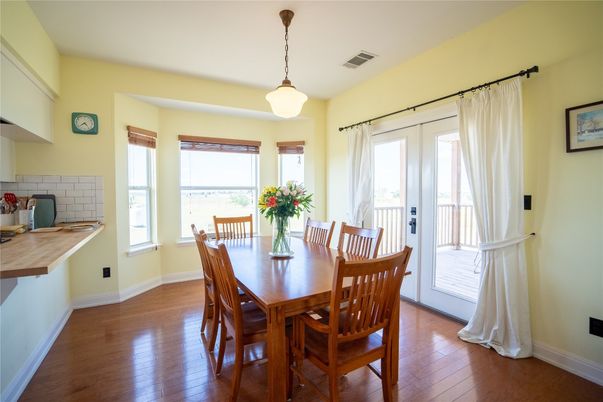 Dining room, Interior, Pendant Lights, Wood Texture Flooring