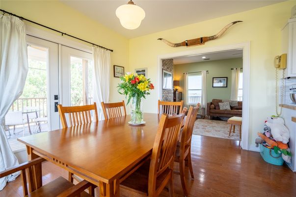 Dining room, Interior, Living room, Pendant Lights, Wood Texture Flooring