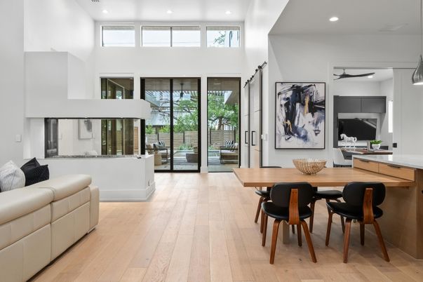Dining room, Interior, Recessed Lighting, Wood Texture Flooring