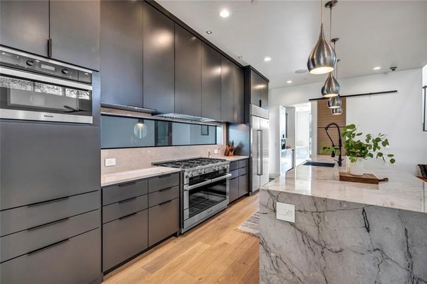 Interior, Kitchen, Pendant Lights, Recessed Lighting, Stainless Steel Appliances, Wood Texture Flooring