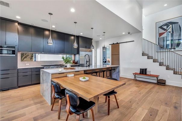 Dining room, Interior, Kitchen, Pendant Lights, Recessed Lighting, Stainless Steel Appliances, Wood Texture Flooring